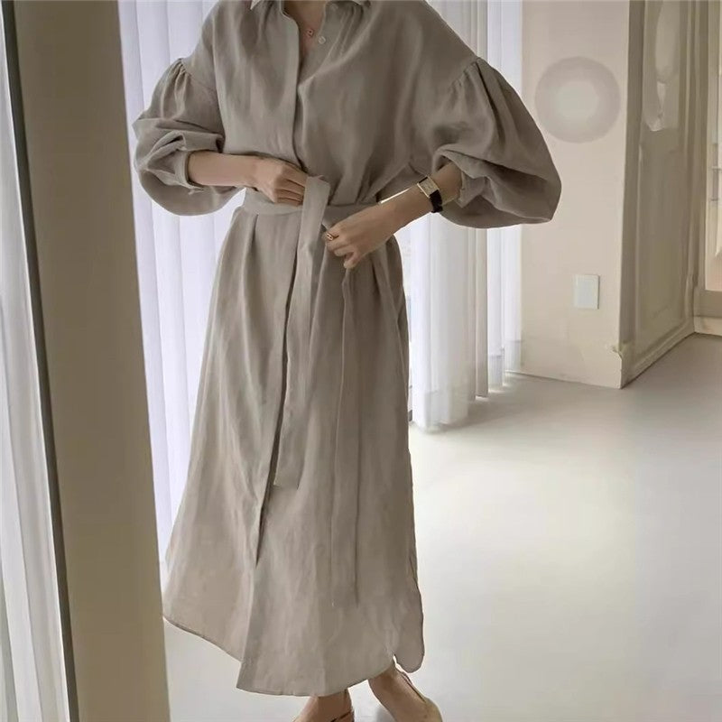 Solid Color Lantern Sleeve Over-The-Knee Long Dress