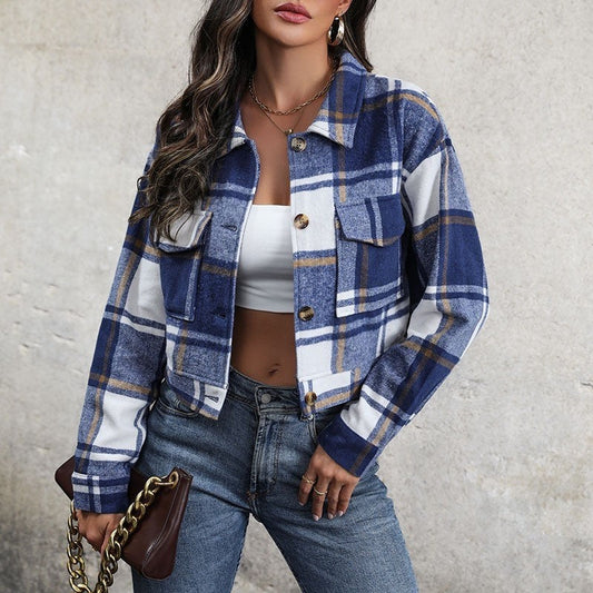 Retro Fashion Plaid Lapel Short Jacket