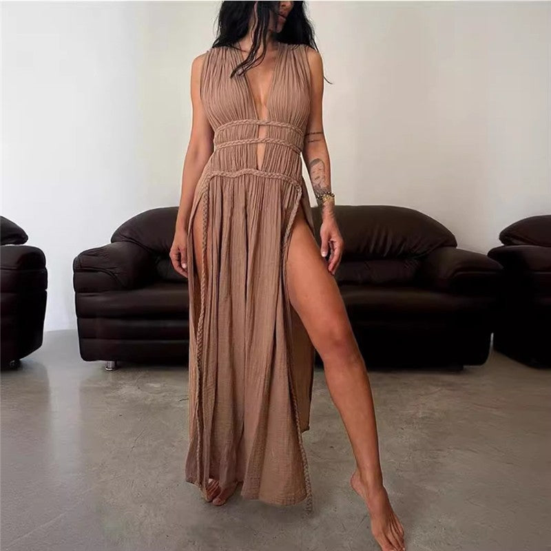 Sleeveless Hollow Out Braided Belt Maxi Dress with Slit