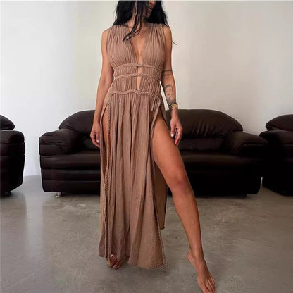 Sleeveless Hollow Out Braided Belt Maxi Dress with Slit