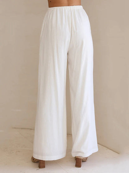 High Waisted Loose Drawstring Elasticity Solid Color Split-Joint Pants Trousers