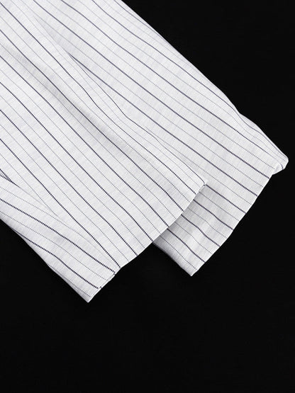 Long Sleeves Knot Split-Joint Striped Deep V-Neck Blouse + High Waisted Pleated Wide Leg Shorts Two Pieces Set