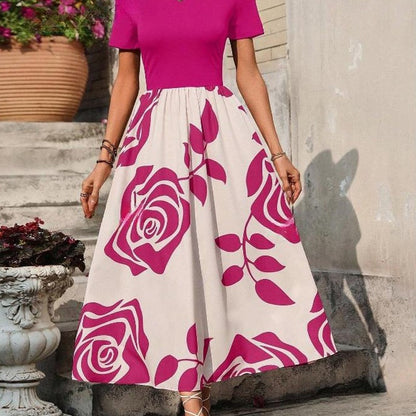 Crewneck Short Sleeve High Waisted Patchwork A-Line Maxi Dress