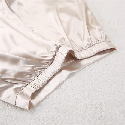 Solid Color Satin Long Sleeve Lapel Single Breasted Blouse and Shorts Set
