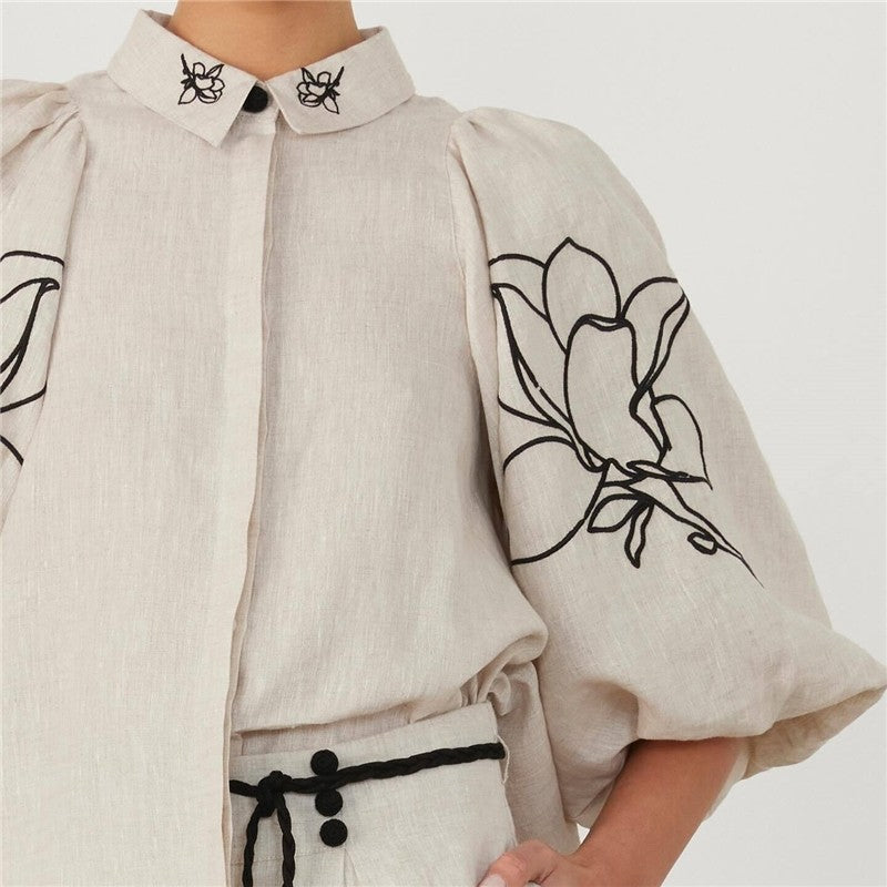 Printed Cotton Linen Wide-Leg Pants Set