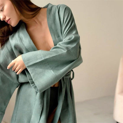 Solid Color Long Sleeve Waist-Tied Short Robe Loungewear
