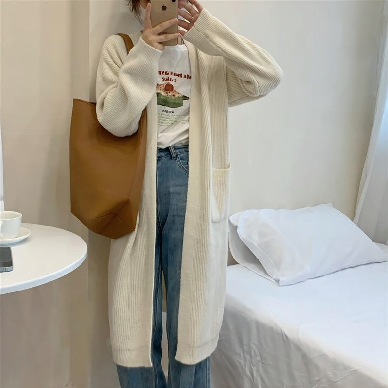 Loose Fit Solid Color Mid-Length Knit Cardigan Coat