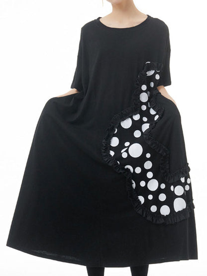 Loose Short Sleeves Polka-Dot Split-Joint Round-Neck Midi Dresses