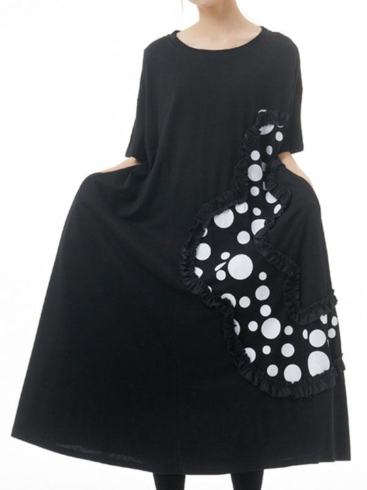 Loose Short Sleeves Polka-Dot Split-Joint Round-Neck Midi Dresses
