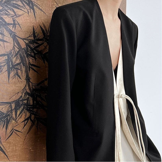 Chic Chinese Jacquard Lapel Blazer with Faux Two-Piece Design