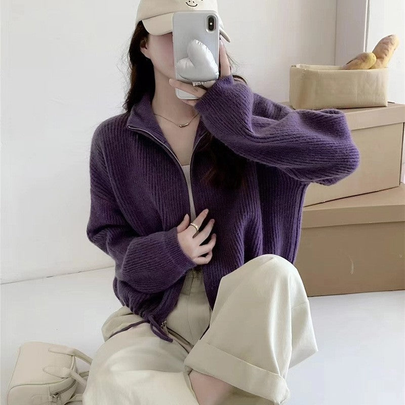 Solid Color Long Sleeve Zipper Drawstring Hemline Knitted Cardigan Sweater