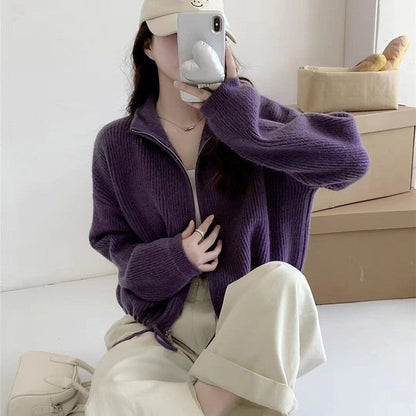 Solid Color Long Sleeve Zipper Drawstring Hemline Knitted Cardigan Sweater