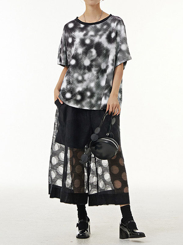 Cropped False Two Gauze Polka-Dot See-Through Casual Pants Bottoms