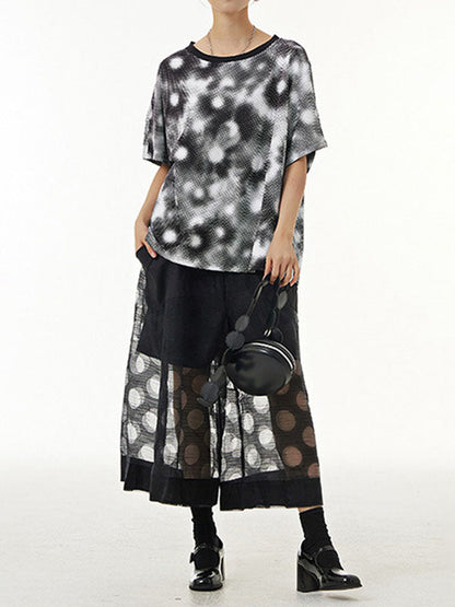 Cropped False Two Gauze Polka-Dot See-Through Casual Pants Bottoms