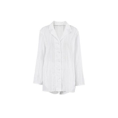 Solid Color Long Sleeve Lapel Single Breasted Blouse and Shorts Set - Stylish Loungewear