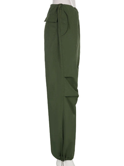 High Waisted Loose Drawstring Pleated Solid Color Pants Trousers