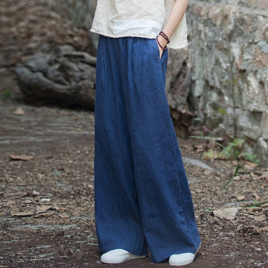 Solid Color Vintage Casual Wide-Leg Pants
