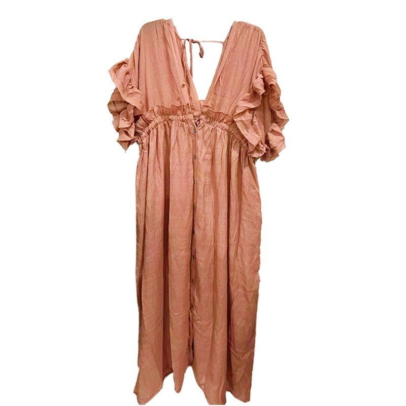 Relaxed Fit Solid Color Long Beach Cover-Up Dress