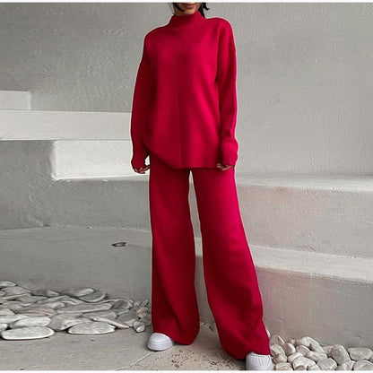 Casual Loose Knitted Two-Piece Set with Solid Color Long Sleeve Top and Pants