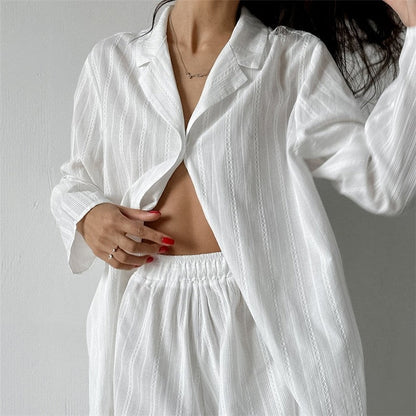 Solid Color Long Sleeve Lapel Single Breasted Blouse and Shorts Set - Stylish Loungewear