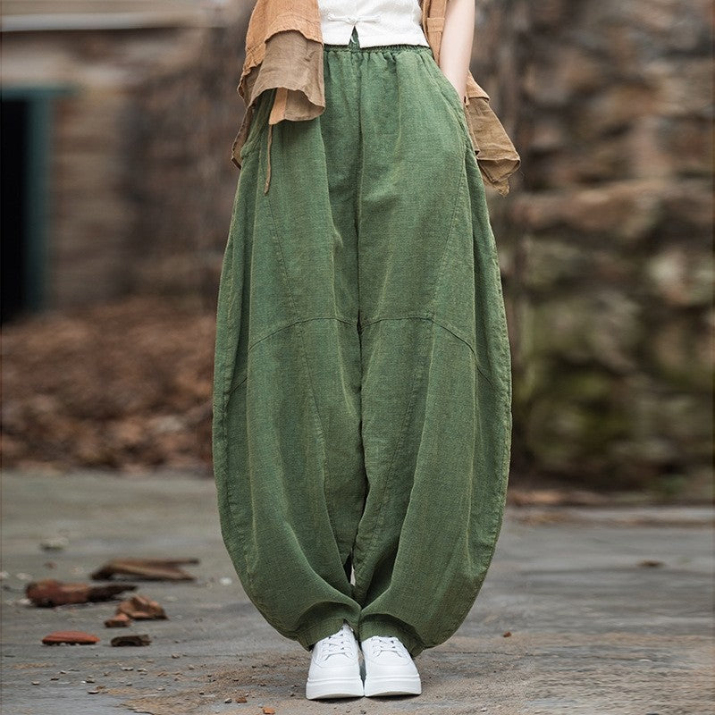Women's Loose-Fitting Linen & Cotton Ramie Sand-Fried Meditation Tai Chi Lantern Pants