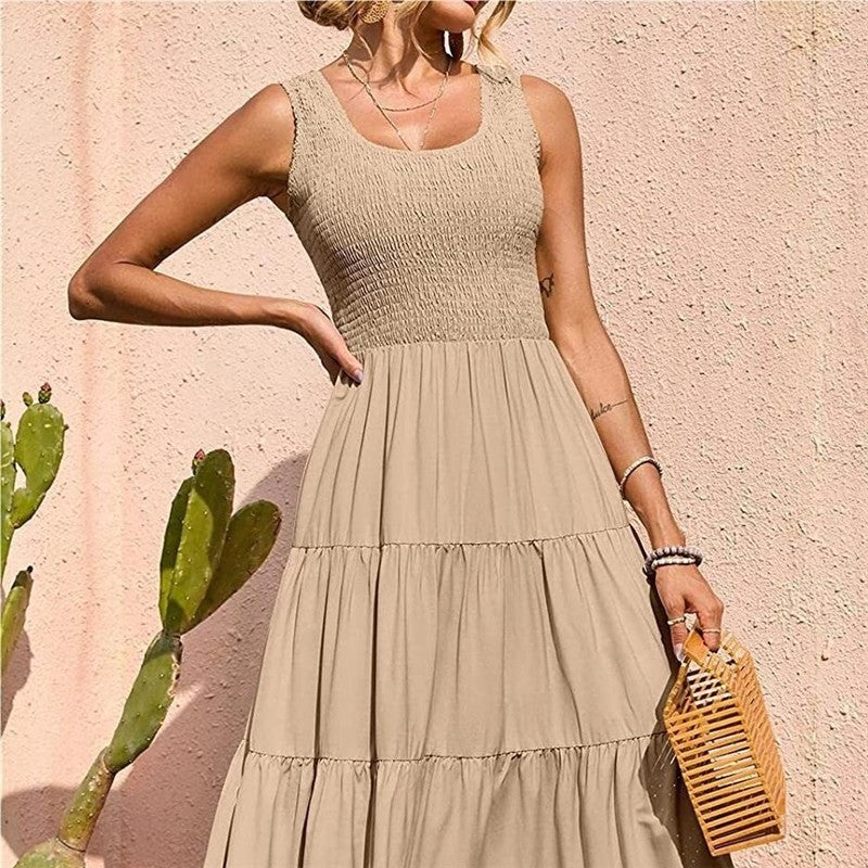 Solid Color Pleated Halter Swing Dress