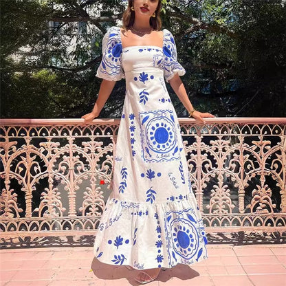 Flowy Printed Lantern Sleeve Swing Dress