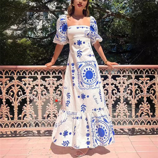 Flowy Printed Lantern Sleeve Swing Dress