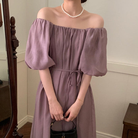 Solid Color Bubble Sleeve One-Shoulder Strap Pleated Dress