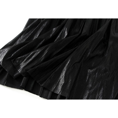 Metallic Pleated A-Line Skirt with Elastic Waist in Solid Color