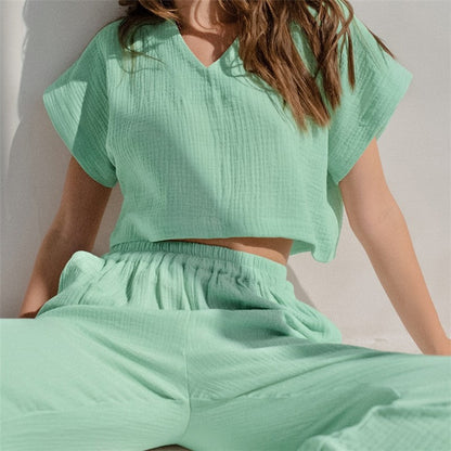 Solid Color Short Sleeve V-Neck Top and Pants Two-Piece Loungewear Set