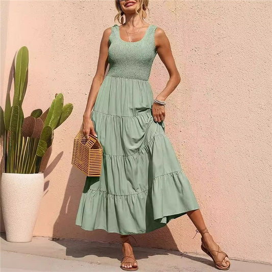 Solid Color Pleated Halter Swing Dress