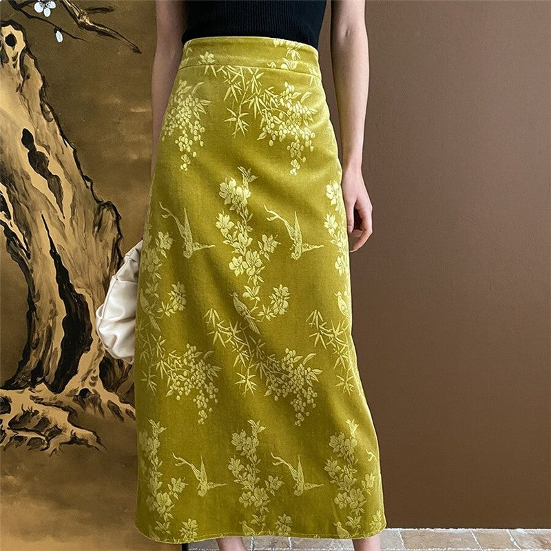 Velvet Half Skirt with Floral and Bird Embroidery