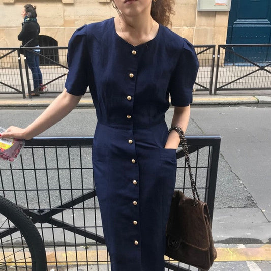 Solid Color Elegant Linen Dress with Slim Waist Fit