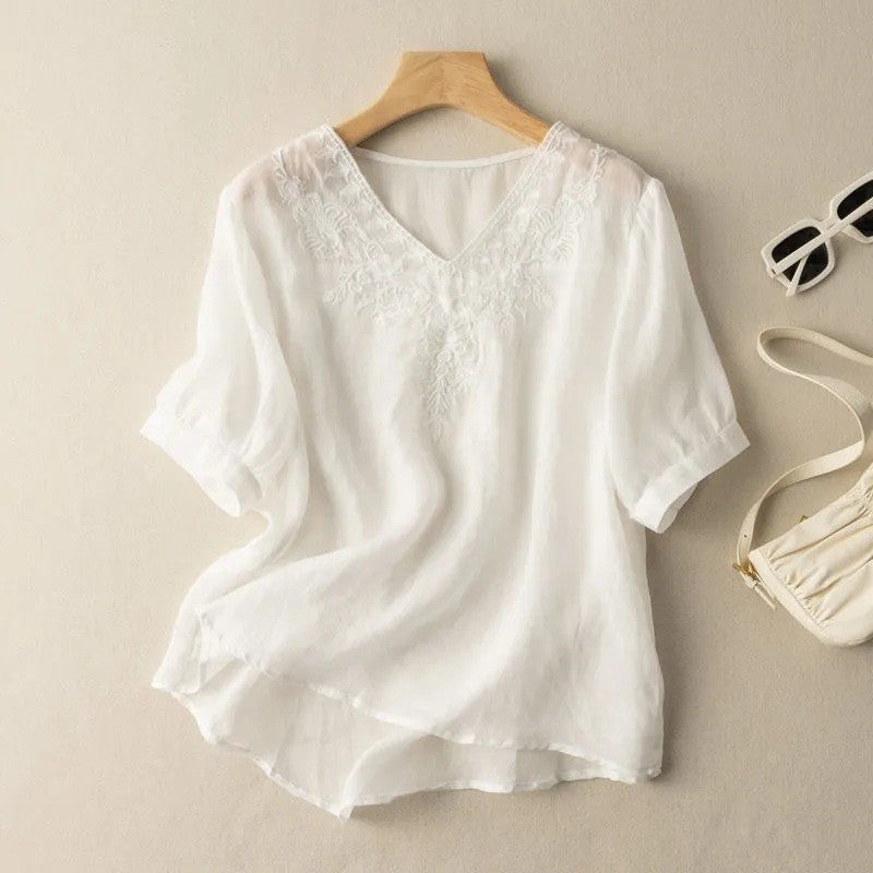 Breathable Loose Fit V-Neck Embroidered T-Shirt