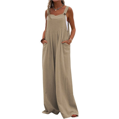 Solid Color Sleeveless Casual Loose Wide Leg Jumpsuits