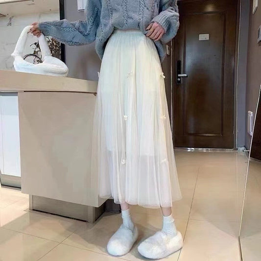 Solid Color Elastic Waist Bowknots Embellished Mesh Skirt
