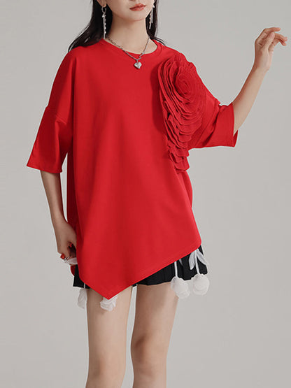 Loose Short Sleeves Asymmetric Solid Color Three-Dimensional Flower Round-Neck T-Shirts Tops
