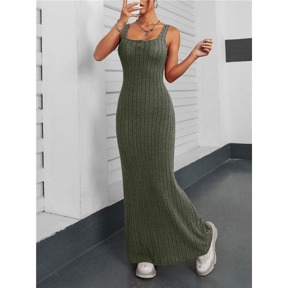 Solid Color Sleeveless Square Neck Knitted Maxi Dress