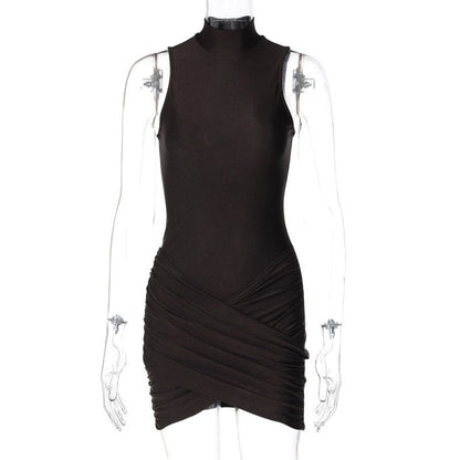 Solid Color Zippered Stand Collar Bodycon Skirt with Pleats