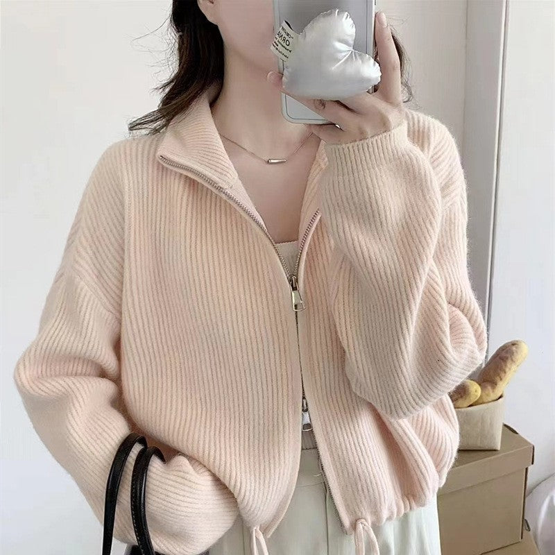 Solid Color Long Sleeve Zipper Drawstring Hemline Knitted Cardigan Sweater