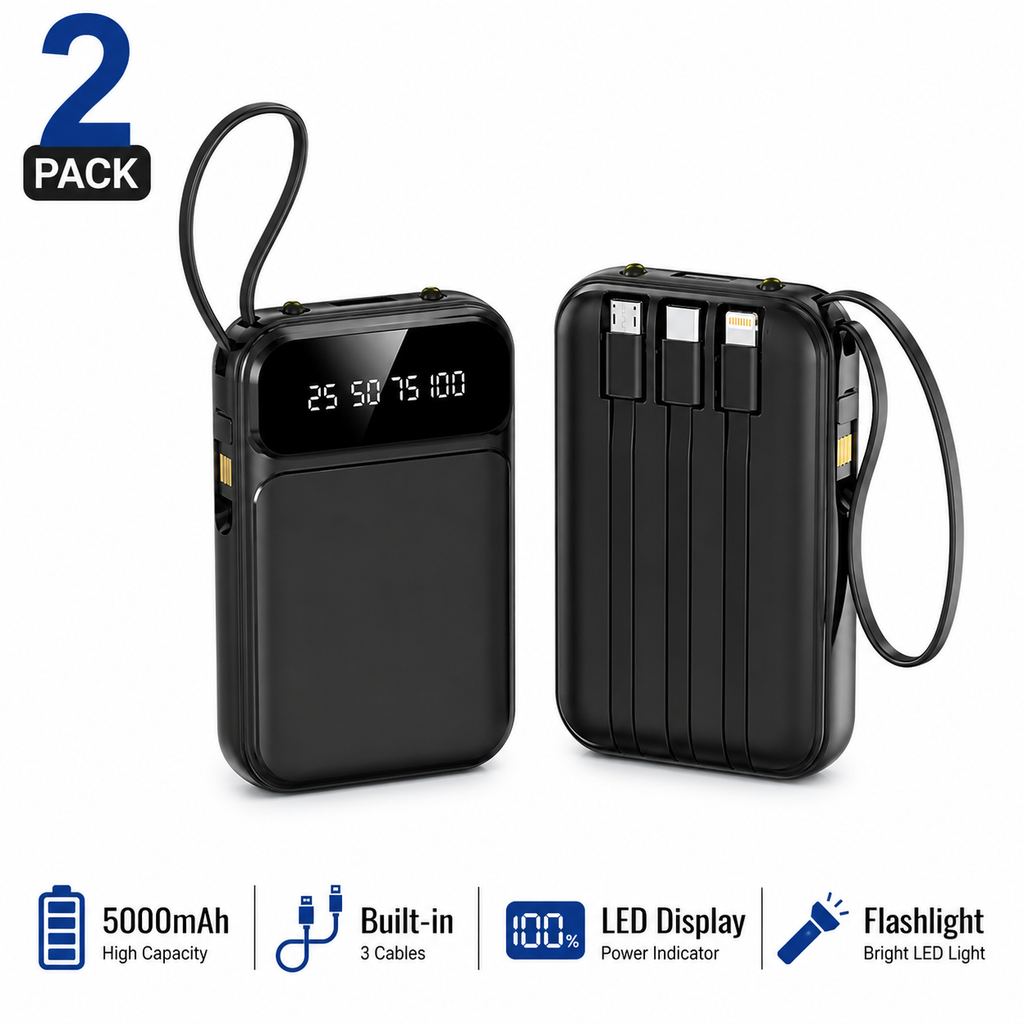 2 Pack 5000mAh Portable Power Bank Built-in Cables LED Display Flashlight Black