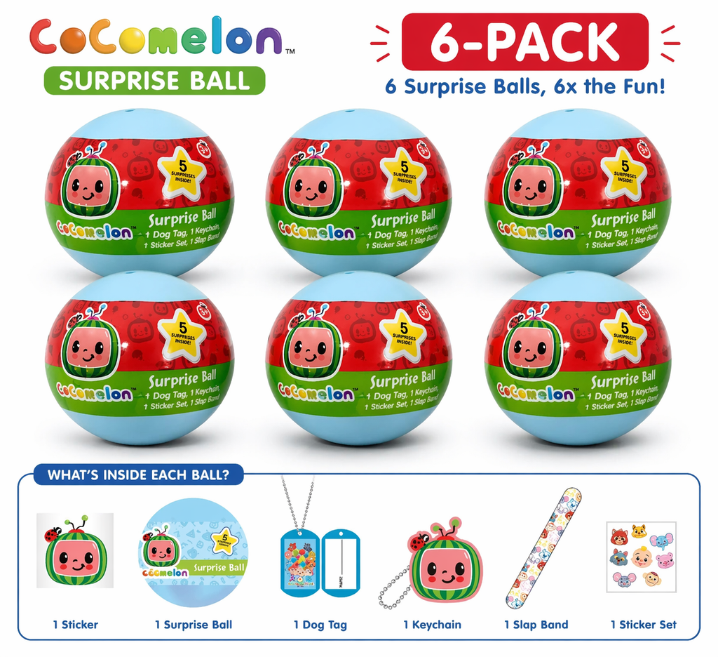 Cocomelon Surprise Ball 6-Pack – Each Ball Includes 5 Surprise Toys Inside, Kids Collectible Gift Set with Dog Tag, Keychain, Slap Band, Stickers & More