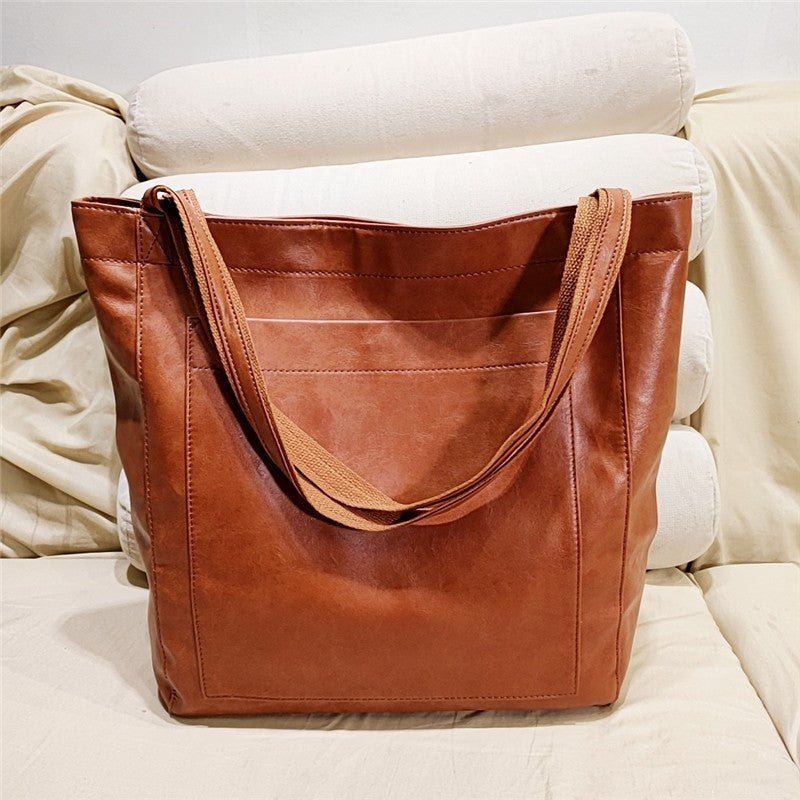 High-Capacity Soft Leather Tote Bag with Multiple Pockets