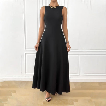 Solid Color Crewneck Sleeveless Backless Bandage Maxi Dress