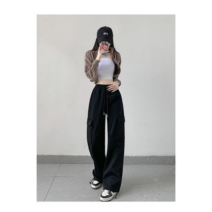 Casual Loose Fit Solid Color Cargo Pants with Elastic Waistband