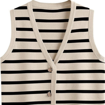 Chic Striped Sleeveless Button-Up Cardigan