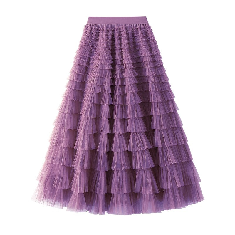 Ruffled A-Line Mesh Cake Skirt with Elastic Waist in Solid Color