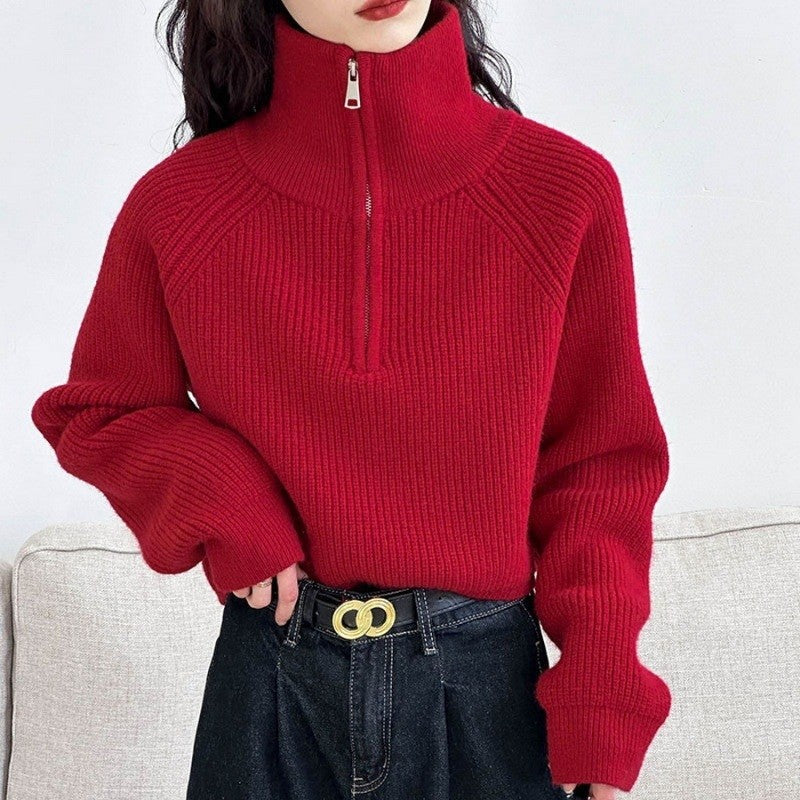 Solid Color Half-Zip Oversized Batwing Sleeve Sweater