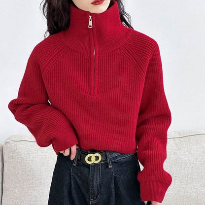 Solid Color Half-Zip Oversized Batwing Sleeve Sweater